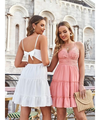 Womens V-Neck Spaghetti Strap Bowknot Backless Sleeveless Lace Mini Swing Skater Dress Rose Pink $19.94 Dresses