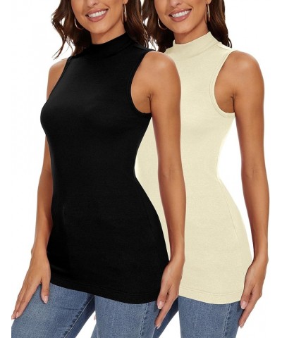 Sleeveless Mock Turtleneck Shirts for Women Cotton Ribbed Tank Tops Stretch Fitted Base Tee Tops 2 Packs Black/Cream $15.75 A...