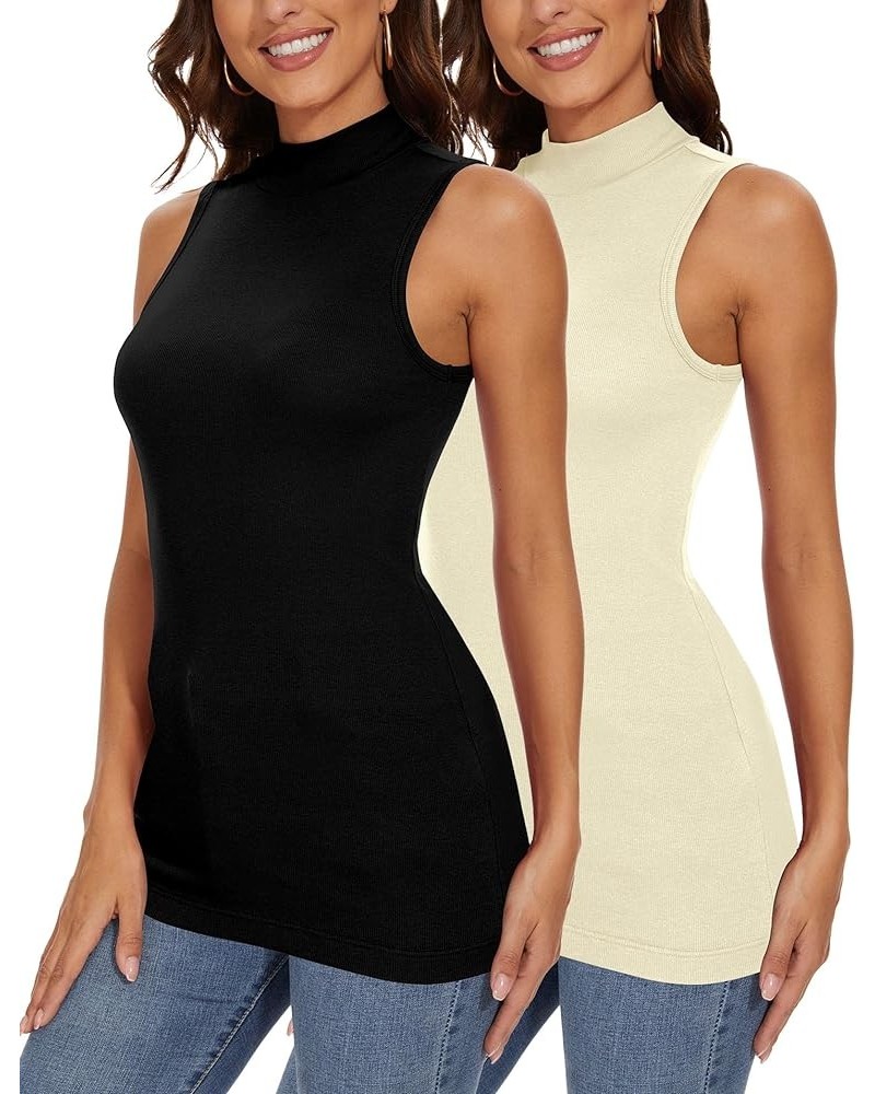 Sleeveless Mock Turtleneck Shirts for Women Cotton Ribbed Tank Tops Stretch Fitted Base Tee Tops 2 Packs Black/Cream $15.75 A...