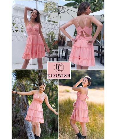 Womens V-Neck Spaghetti Strap Bowknot Backless Sleeveless Lace Mini Swing Skater Dress Rose Pink $19.94 Dresses