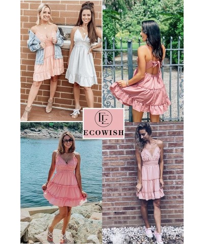 Womens V-Neck Spaghetti Strap Bowknot Backless Sleeveless Lace Mini Swing Skater Dress Rose Pink $19.94 Dresses