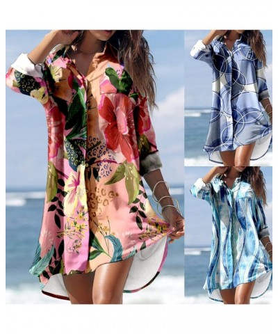 Womens Button Down Long Sleeve Shirt Dress Casual Floral Print Mini Dresses Loose Fit Beach Blouse Dress with Pockets Dark Bl...