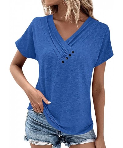 Womens Tops Dressy Casual Short Sleeve Loose Fit Shirts Spring Solid Color Button Decor Summer Blouses Ad-blue $7.55 Blouses