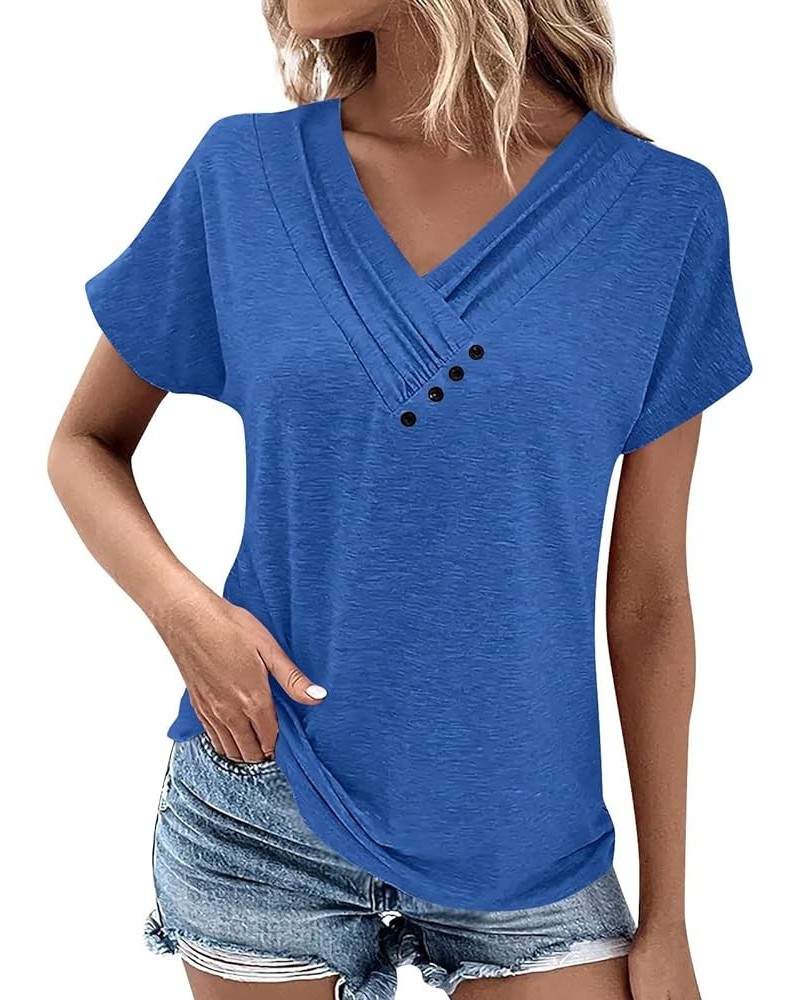 Womens Tops Dressy Casual Short Sleeve Loose Fit Shirts Spring Solid Color Button Decor Summer Blouses Ad-blue $7.55 Blouses