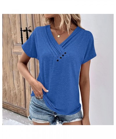 Womens Tops Dressy Casual Short Sleeve Loose Fit Shirts Spring Solid Color Button Decor Summer Blouses Ad-blue $7.55 Blouses