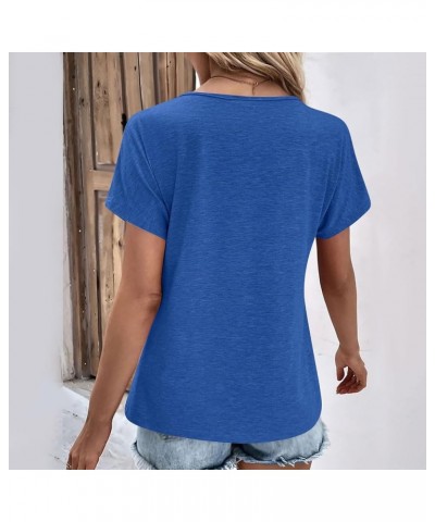 Womens Tops Dressy Casual Short Sleeve Loose Fit Shirts Spring Solid Color Button Decor Summer Blouses Ad-blue $7.55 Blouses