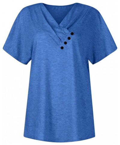 Womens Tops Dressy Casual Short Sleeve Loose Fit Shirts Spring Solid Color Button Decor Summer Blouses Ad-blue $7.55 Blouses