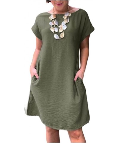 Women's Summer Cotton Linen Dresses Solid Color Short Sleeve Tunic Shirt Dress Casual Loose Midi Dresses Green $12.48 Dresses