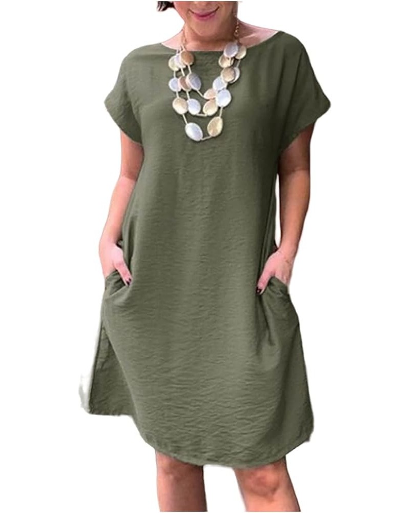 Women's Summer Cotton Linen Dresses Solid Color Short Sleeve Tunic Shirt Dress Casual Loose Midi Dresses Green $12.48 Dresses