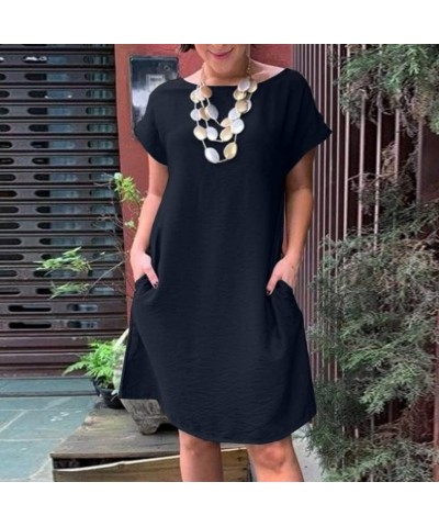 Women's Summer Cotton Linen Dresses Solid Color Short Sleeve Tunic Shirt Dress Casual Loose Midi Dresses Green $12.48 Dresses