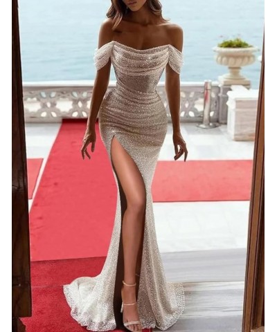 Sequin Mermaid Prom Dress Off The Shoulder Formal Evening Dresses with Slit Rose Gold $37.50 Dresses