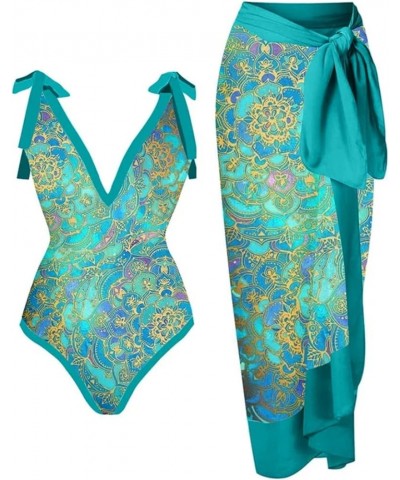 Swimsuit Women Bikini Sets for Women Women's Sexy One-Piece with Printed Swimsuit Long Skirt Set Blue-1i $5.94 Bodysuits