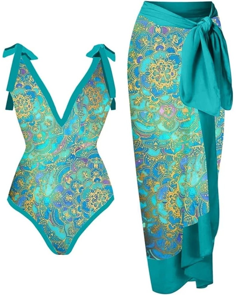 Swimsuit Women Bikini Sets for Women Women's Sexy One-Piece with Printed Swimsuit Long Skirt Set Blue-1i $5.94 Bodysuits