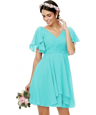 V Neck Short Bridesmaid Dresses with Ruffle Sleeves Chiffon A Line Formal Evening Gowns Turquoise $20.50 Dresses