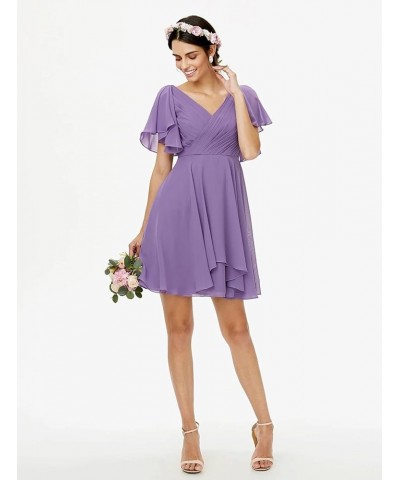 V Neck Short Bridesmaid Dresses with Ruffle Sleeves Chiffon A Line Formal Evening Gowns Turquoise $20.50 Dresses