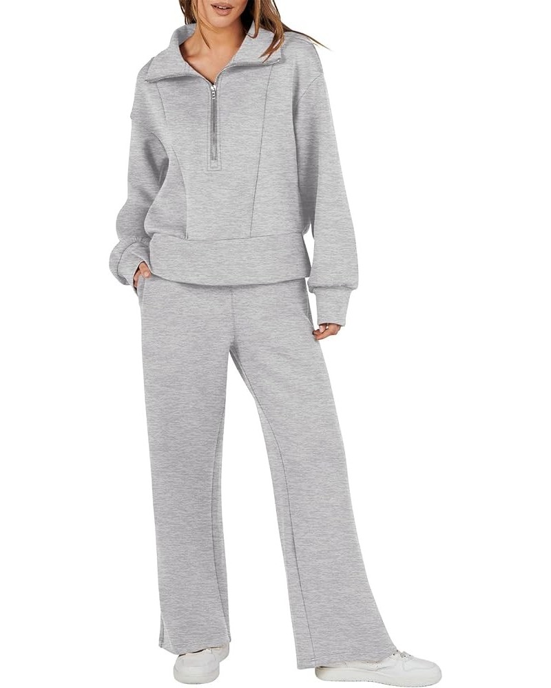 Womens Two Piece Outfits 2023 Fall Sweatsuit Set Half Zip Cropped Sweatshirt Wide Leg Sweatpant Lounge Set Grey $25.30 Active...