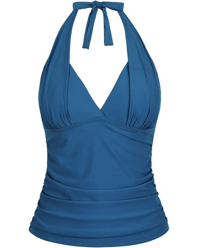 Women's Tankini Bathing Suit Plunging V Neck Halter Swim Tops Shirred Tummy Control Tankini Top New Version Aquamarine Blue $...