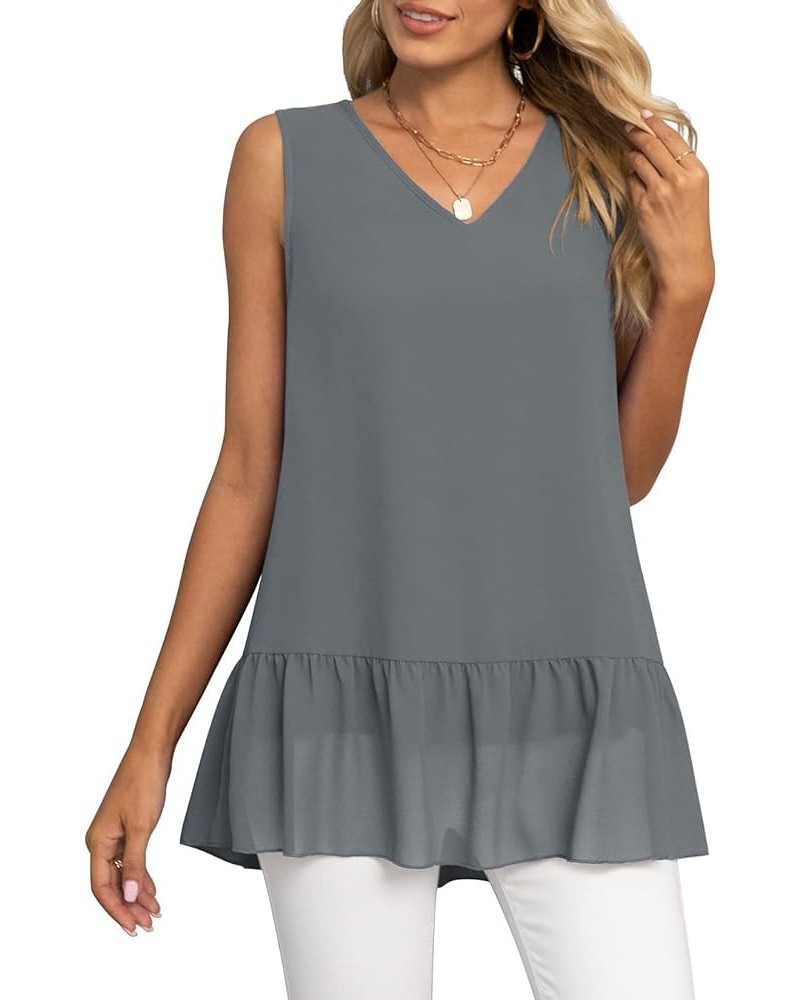 Women's 2023 Summer Sleeveless V Neck Chiffon Tank Top Double Layers Ruffle Hem Casual Blouse Tunic Gray $14.24 Tanks