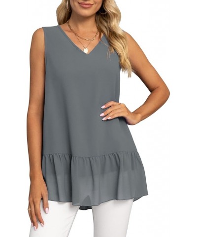 Women's 2023 Summer Sleeveless V Neck Chiffon Tank Top Double Layers Ruffle Hem Casual Blouse Tunic Gray $14.24 Tanks