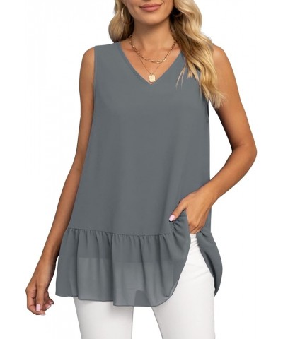 Women's 2023 Summer Sleeveless V Neck Chiffon Tank Top Double Layers Ruffle Hem Casual Blouse Tunic Gray $14.24 Tanks