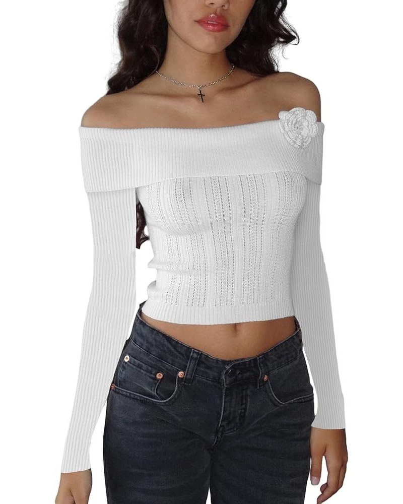 Women's 2024 Long Sleeve Off Shoulder Knit Sweater Y2k Slim Fit Casual Going Out Ribbed Crop Tops Spring Clothing 3d Flower W...