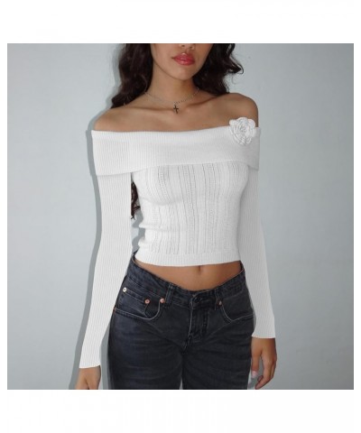 Women's 2024 Long Sleeve Off Shoulder Knit Sweater Y2k Slim Fit Casual Going Out Ribbed Crop Tops Spring Clothing 3d Flower W...