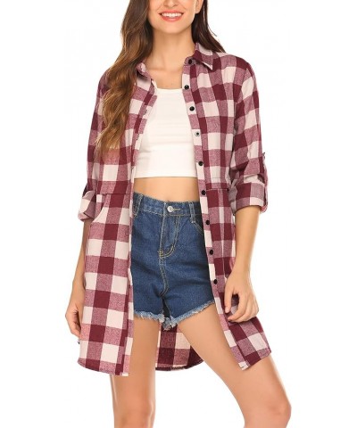 Womens Flannel Plaid Shirts Roll Up Long Sleeve Pockets Mid-Long Casual Boyfriend Shirts Wine Red $15.73 Blouses