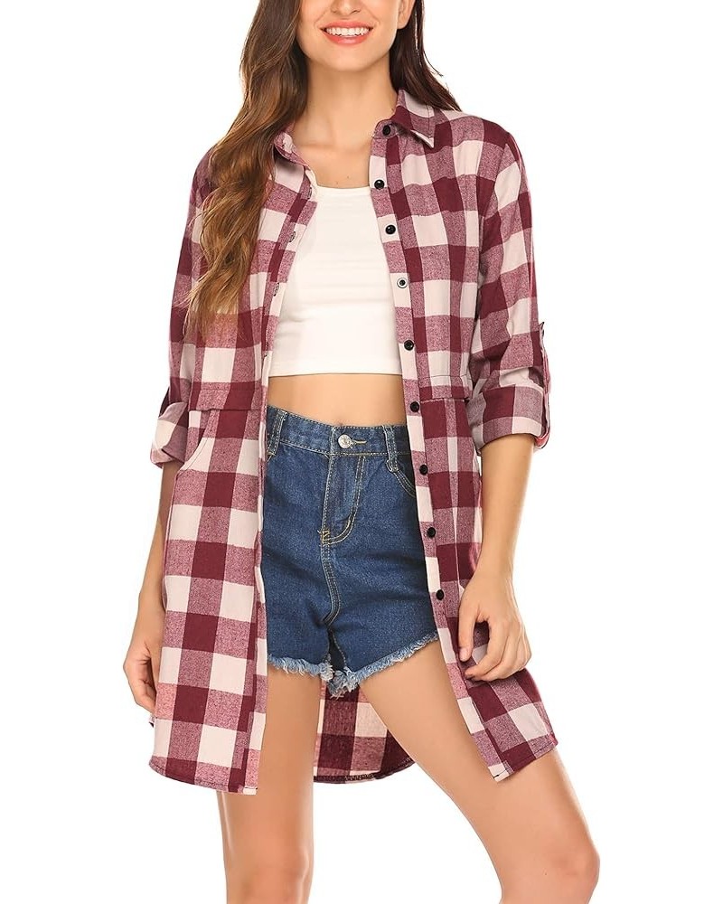 Womens Flannel Plaid Shirts Roll Up Long Sleeve Pockets Mid-Long Casual Boyfriend Shirts Wine Red $15.73 Blouses