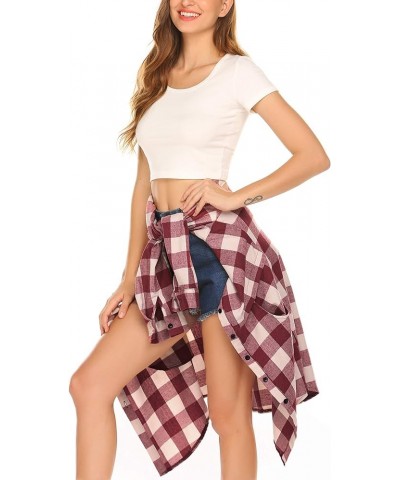 Womens Flannel Plaid Shirts Roll Up Long Sleeve Pockets Mid-Long Casual Boyfriend Shirts Wine Red $15.73 Blouses