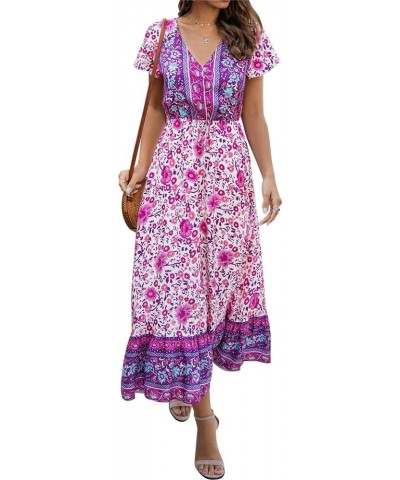 Women Wrap Floral Print Short Sleeve High Waist V Neck Button Boho Maxi Dress Purple $19.71 Dresses