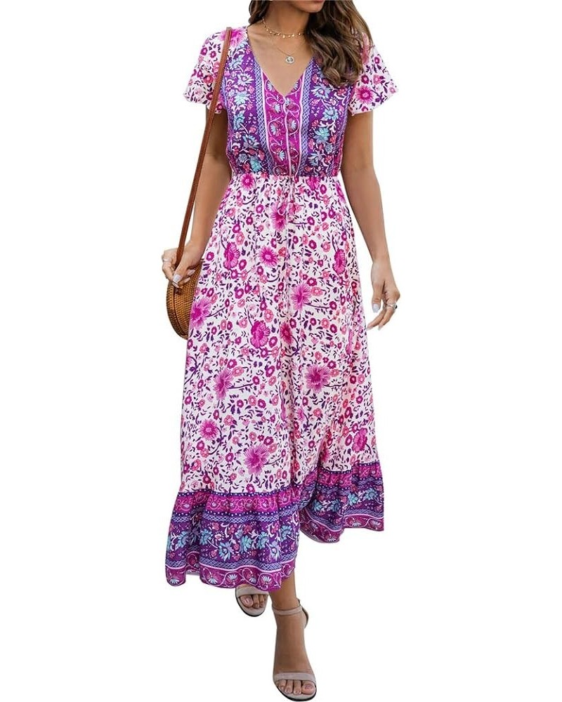 Women Wrap Floral Print Short Sleeve High Waist V Neck Button Boho Maxi Dress Purple $19.71 Dresses