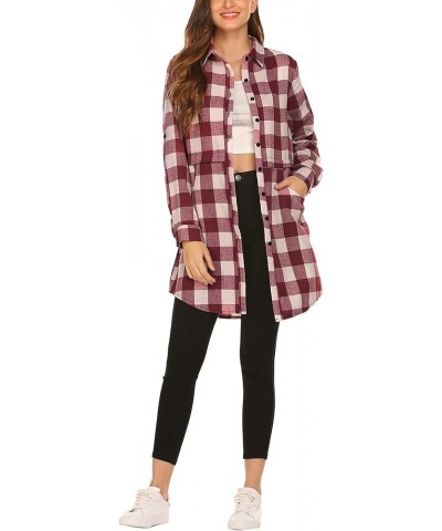 Womens Flannel Plaid Shirts Roll Up Long Sleeve Pockets Mid-Long Casual Boyfriend Shirts Wine Red $15.73 Blouses