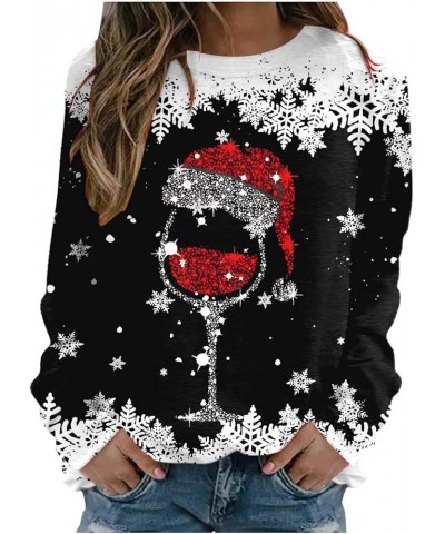 Cute Christmas Sweatshirts For Women 2023 Wine Glass Print Pullover Tops Causal Regular Fit Christmas Sweater Shirts J07-blac...