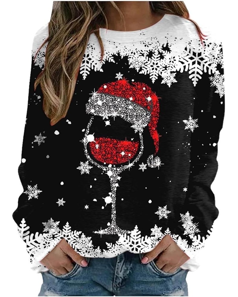 Cute Christmas Sweatshirts For Women 2023 Wine Glass Print Pullover Tops Causal Regular Fit Christmas Sweater Shirts J07-blac...