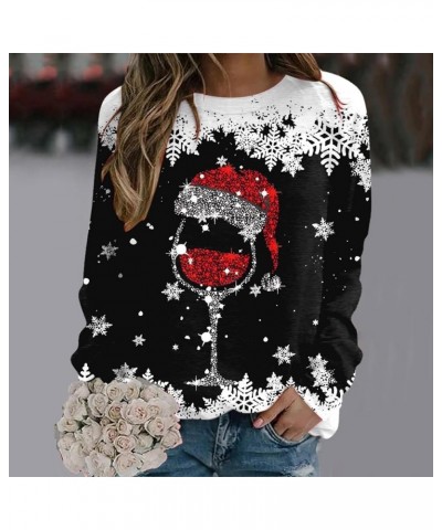 Cute Christmas Sweatshirts For Women 2023 Wine Glass Print Pullover Tops Causal Regular Fit Christmas Sweater Shirts J07-blac...