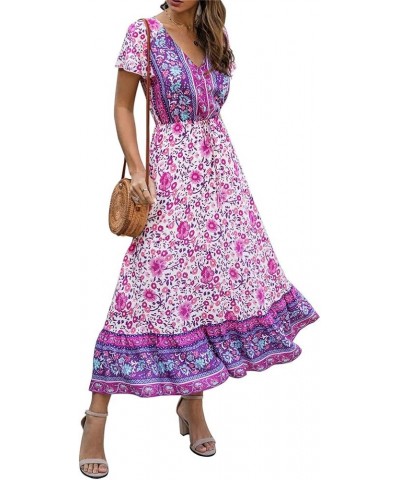 Women Wrap Floral Print Short Sleeve High Waist V Neck Button Boho Maxi Dress Purple $19.71 Dresses