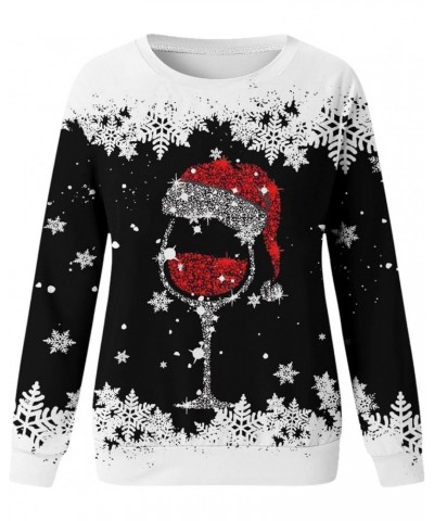 Cute Christmas Sweatshirts For Women 2023 Wine Glass Print Pullover Tops Causal Regular Fit Christmas Sweater Shirts J07-blac...