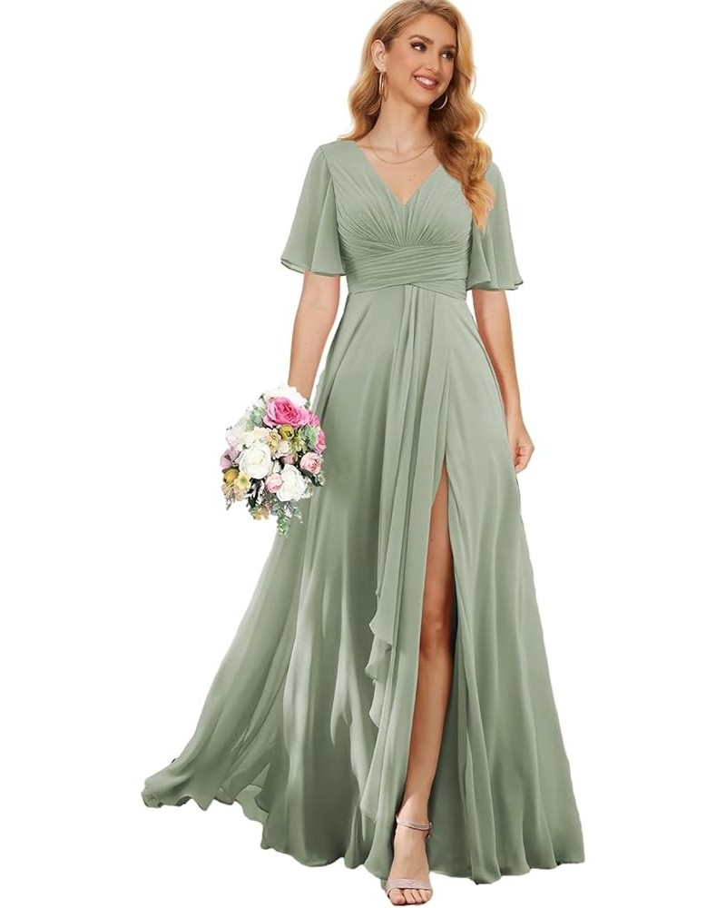 Women's V Neck Bridesmaid Dresses with Sleeves High Split Formal Wedding Guest Dress Chiffon Evening Gown Sage Green $15.66 D...