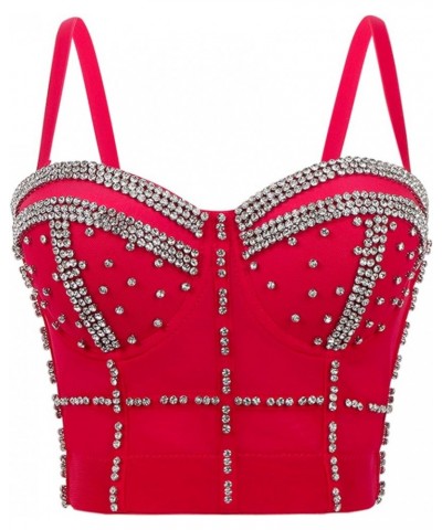 Women Camisole Tanks with Bulit in Bra Shiny Rhinestone Crop Top Padded Corset Bustier Party Clubwear Red $10.49 Tanks