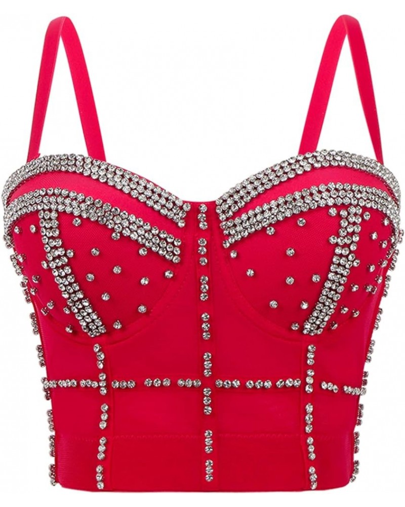 Women Camisole Tanks with Bulit in Bra Shiny Rhinestone Crop Top Padded Corset Bustier Party Clubwear Red $10.49 Tanks