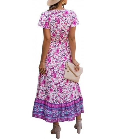 Women Wrap Floral Print Short Sleeve High Waist V Neck Button Boho Maxi Dress Purple $19.71 Dresses