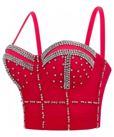 Women Camisole Tanks with Bulit in Bra Shiny Rhinestone Crop Top Padded Corset Bustier Party Clubwear Red $10.49 Tanks