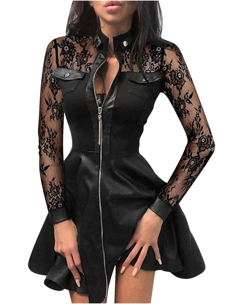 Women's PU Leather Dress Front Zipper Sheer Sleeve Gothic Cocktail Club Party Flared Dresses Black $11.13 Dresses