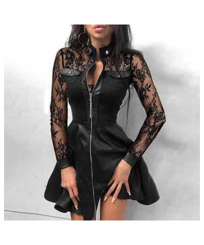 Women's PU Leather Dress Front Zipper Sheer Sleeve Gothic Cocktail Club Party Flared Dresses Black $11.13 Dresses