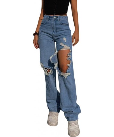 Women's High Waisted Wide Leg Pants Straight Denim Jeans Casual Baggy Trousers Y2K Streetwear Fashion A Hole a $14.76 Jeans