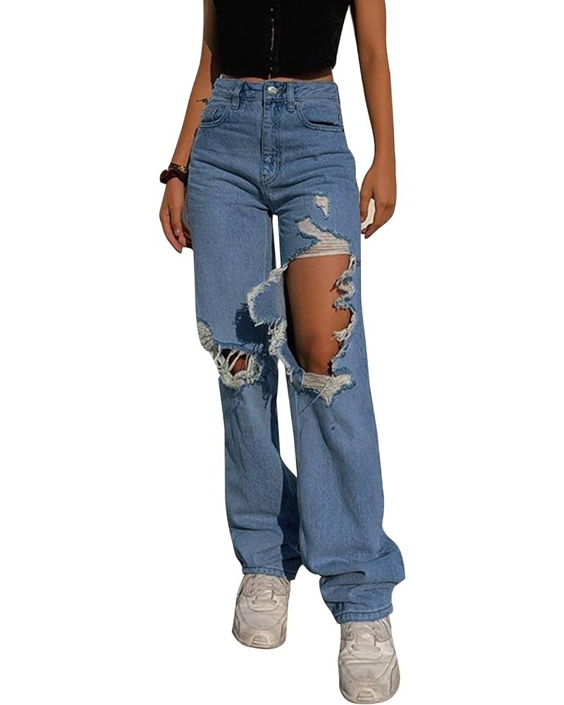 Women's High Waisted Wide Leg Pants Straight Denim Jeans Casual Baggy Trousers Y2K Streetwear Fashion A Hole a $14.76 Jeans