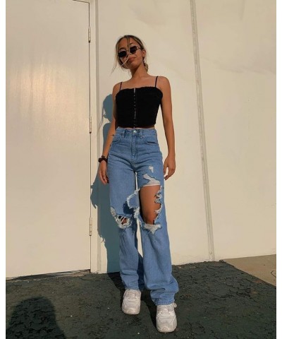 Women's High Waisted Wide Leg Pants Straight Denim Jeans Casual Baggy Trousers Y2K Streetwear Fashion A Hole a $14.76 Jeans