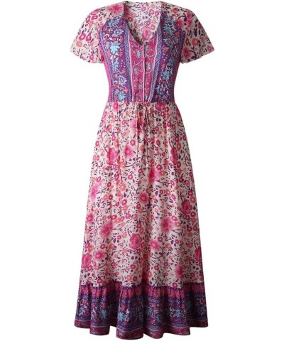 Women Wrap Floral Print Short Sleeve High Waist V Neck Button Boho Maxi Dress Purple $19.71 Dresses