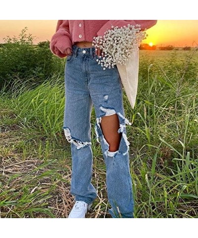 Women's High Waisted Wide Leg Pants Straight Denim Jeans Casual Baggy Trousers Y2K Streetwear Fashion A Hole a $14.76 Jeans