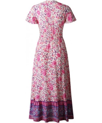 Women Wrap Floral Print Short Sleeve High Waist V Neck Button Boho Maxi Dress Purple $19.71 Dresses